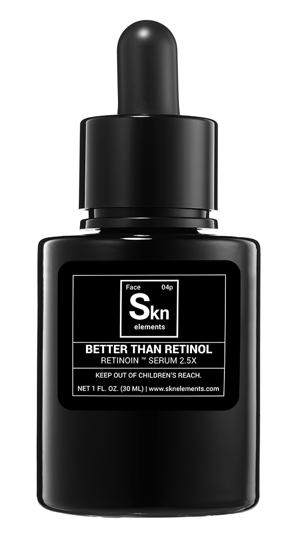 A black dropper bottle labeled Skn elements with the text Better Than Retinol, Retinion Serum 2.5x. The warning reads Keep out of childrens reach. Contains 1 fl. oz. (30 mL).