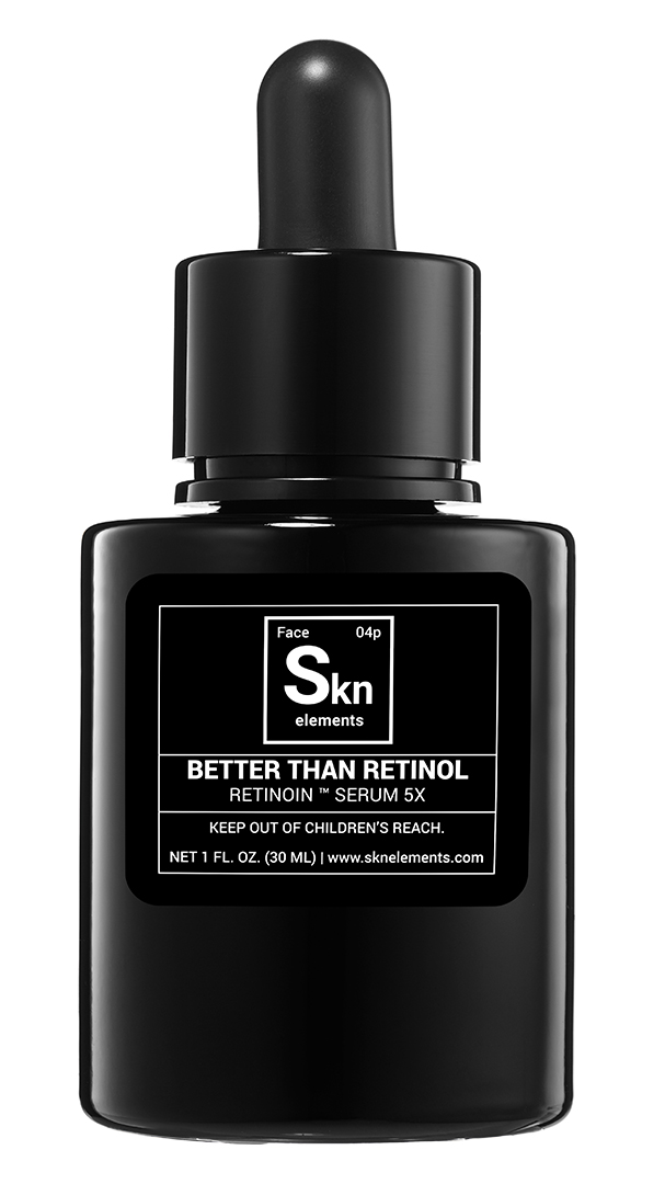 A black bottle with a dropper containing Better Than Retinol Retinoil™ Serum 5x from Skn Elements. The label states FACE 04p and Net 1 fl oz (30 ml) with a warning to keep out of childrens reach.