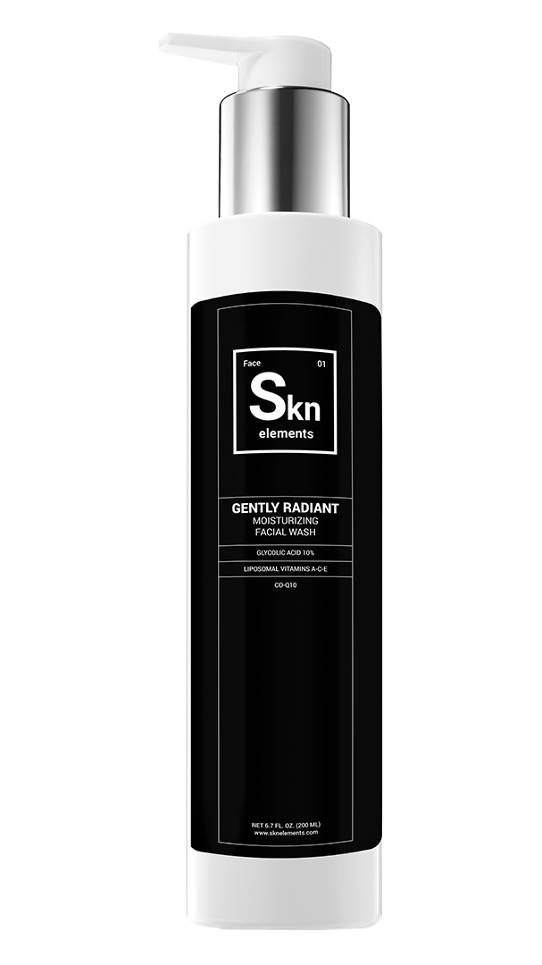 A white bottle of Skn Elements Gently Radiant Moisturizing Facial Wash with a black label. It features glycolic acid, vitamins A, C, E, and is designated as product 01. Contains 8.4 fl. oz. (250 mL) with a pump dispenser.