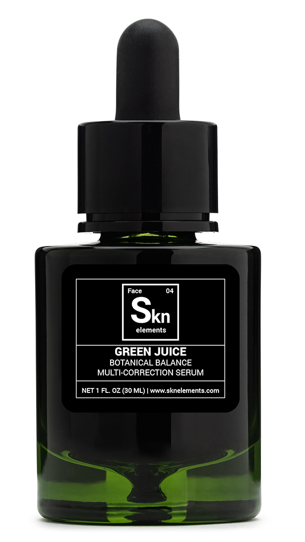 A green glass bottle with a black dropper cap labeled Skn Elements containing Green Juice Botanical Balance Multi-Correction Serum. Size noted as 1 fl oz (30 ml). Website: www.sknelements.com.