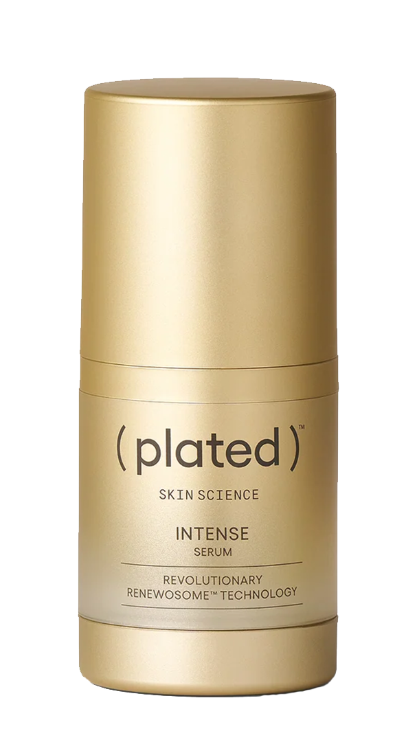 A gold bottle of Plated Intense Serum featuring Revolutionary Renewosome Technology printed on the front.
