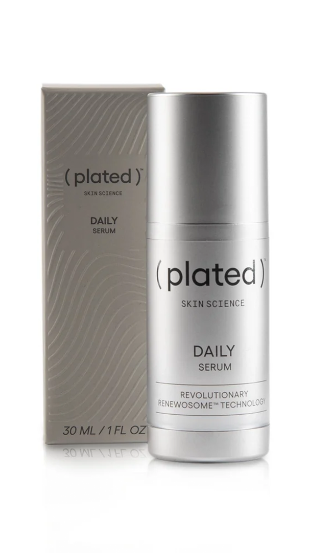 Silver bottle and box of Plated DAILY Serum featuring Revolutionary Renewosome Technology, 30 ml / 1 fl oz shown on both the package and container.
